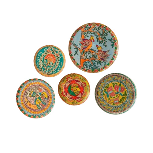 Ritualistic Madhubani Wall Sculpture Set Of 5 Plates - Design Type: Round