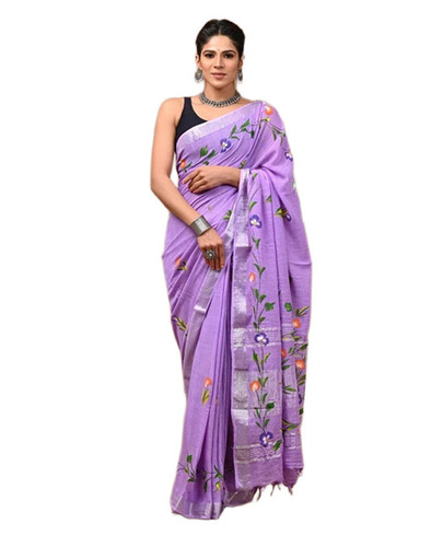 Linen Saree - 5.5 Meter Purple Printed | Breathable Skin-Friendly Quick Dry Color Fade Resistant