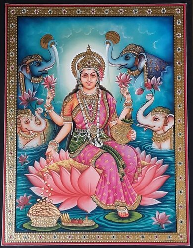 Laxmi Ji Tanjore Painting - Rectangular Standard Size With Frame | Eco Friendly, Stylist, Home Use