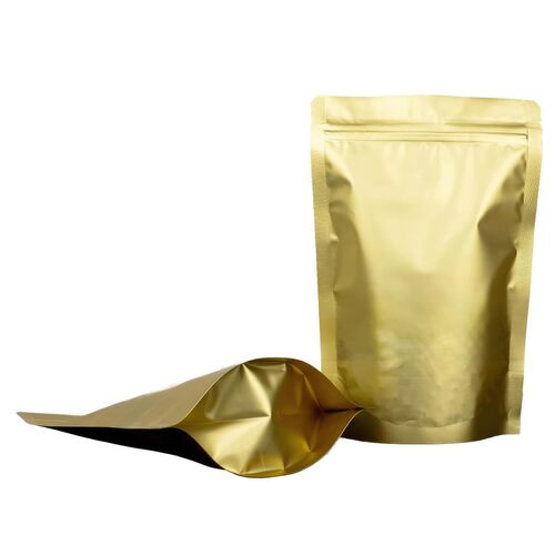 Stand Up Zipper Bag - Plastic, Standard Size, Golden | Resealable Zipper, Eco Friendly, Water Resistant