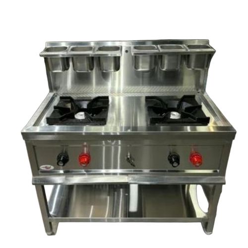 Two Burner Indian Cooking Range - Steel Standard Size Silver | Durable New 1 Year Warranty
