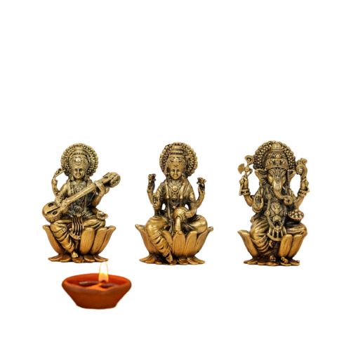 Ritualistic Pure Brass Ganesh Laxmi Saraswati Idols - Color: Gold