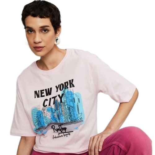 Ladies T Shirt - Cotton Blend, Light Pink | Short Sleeves, Crew Neck, Breathable, Soft Texture