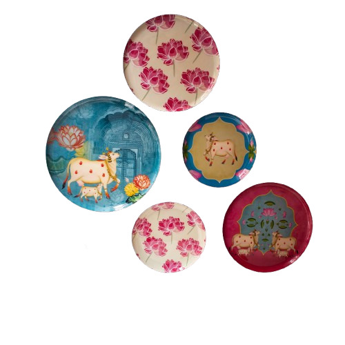 Ritualistic Pastel Pichwai Iron Wall Plates Set Of 5 (Multicolor) - Color: Multi