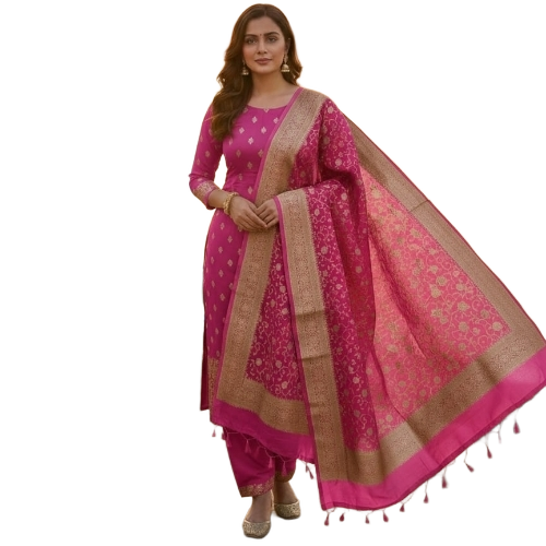 Pink Color Banarasi Silk suit With Golden Border