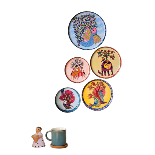 Ritualistic Gondh Wall Plates For Home Decoration Set Of 5 Plates - Color: Multi