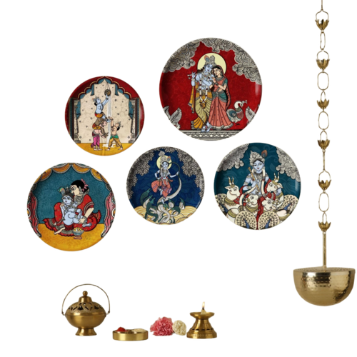 Ritualistic Krishna Wall Sculpture For Home Decoration Set Of 5 Plates - Color: Multi
