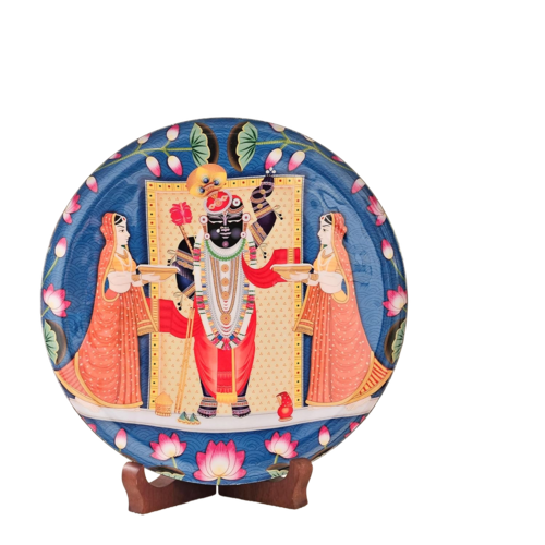 Ritualistic Metal Shrinathji Single Wall Plate 10 Inch With Stand | Wall Arts For Home Decoration, Living Room, Bedroom, Office Decor | Aesthetic Room Decor Items | Wall Hanging Show Pieces - Color: Multi
