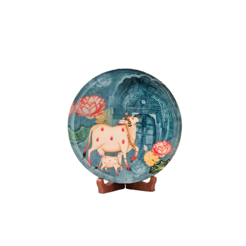 Ritualistic Pastel Pichwai Single Wall Plate For Home Decoration With Stand Of 10 Inch | Wall Plate For Living Room | Home Decor | Aesthetic Room Decor Items | Wall Hanging Show Pieces - Color: Multi