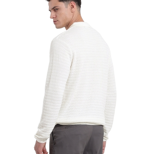 Round Neck Off-White Textured Knitted Sweater - Wool Custom Size Off-White | Crew Neck Skin Friendly Long Sleeve Pullover