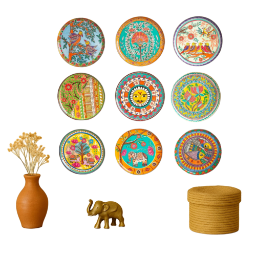 Madhubani Wall Plates Set Of 9 Pieces - Dimension (L*W*H): 25.7L X 25.7W X 1.5H Centimeter (Cm)
