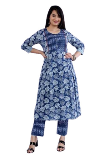 Blue Cotton Blend Round Neck Kurti - Printed, Half Sleeves, Regular Fit | Breathable, Anti UV, Anti Wrinkle, Quick Dry