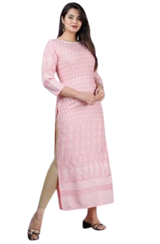 Pink Rayon Round Neck Straight Kurti