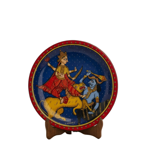 Ritualistic 8 Inch Wooden Durga Wall Plate For Wall & Table Decor - Color: Multi