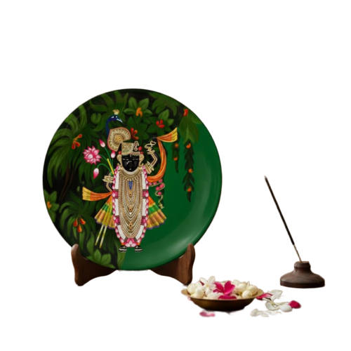 Ritualistic Shreenathji Nathdwara Van Leela | Single Wall Plate With Handcrafted Wooden Stand | 10 Inch - Color: Multi