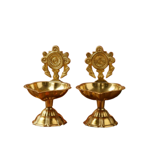 Ritualistic Traditional Brass Diya Set For Pooja Pack Of 2 Pieces - Color: Gold