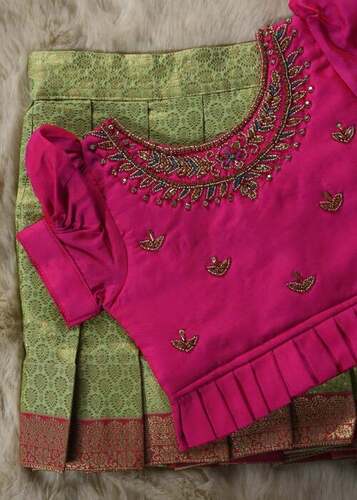 Kids Embroidery Lehenga Blouse - Silk, All Size, Soft Pink & Green | Anti Wrinkle, No Fade, Washable, Comfortable
