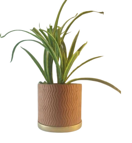 Brown & Golden Terracotta Hand Painted Pot With Tray - Color: Multi Color