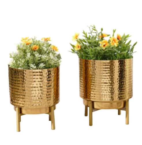 Round Iron Metal Planter Set Of 2 Pieces - Color: Gold