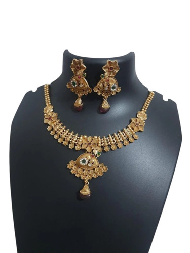 Rajwadi Necklace Set - Brass, Standard Size, Golden | Pendant Earrings, Durable, Fine Finished