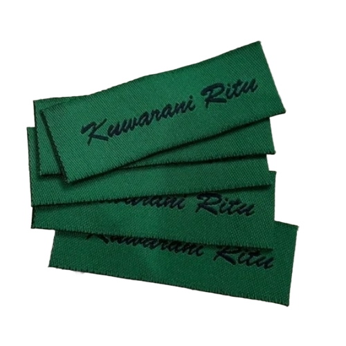 Green Shirt Tag Label - Polyester Woven End Fold, White Digital Print | Good Quality, Custom Size