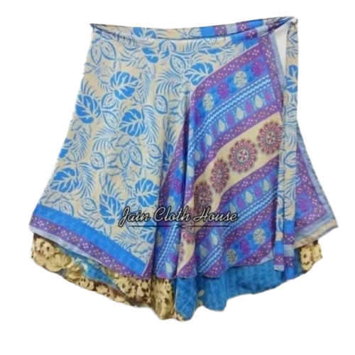 2 Layer Long Silk Sari Wrap Skirts - Silk, All Size, Beige Blue Purple Yellow | Adjustable Waist, Lightweight, Vibrant Colors