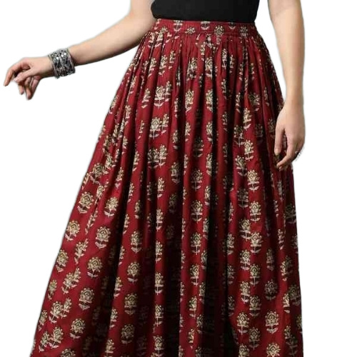 Printed Skirt - Lightweight Breathable Fabric, Maroon, Long, Skin Friendly | Flared Silhouette, Vibrant Prints, Comfortable Fit