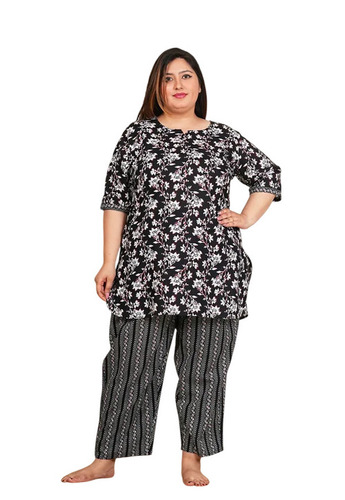 Ladies Night Suit - Cotton, Multiple Sizes, Black | Skin Friendly, Short Sleeves, Printed Pattern