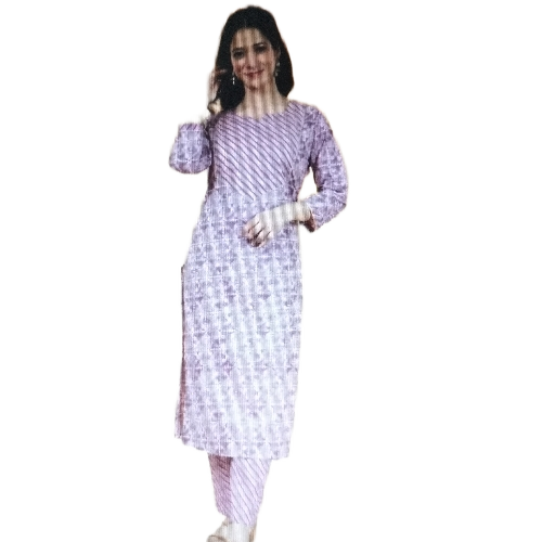 Ladies Pure Cotton Kurti Pant Set - Cotton Light Purple 3-4th Sleeve | Quick Dry Skin Friendly Washable