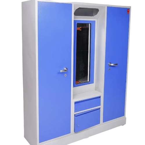 Stainless Steel Almirah - Stainless Steel, White & Blue | Rust Resistant, Eco-Friendly, Water Resistant, Multiple Shelves, Secure Doors