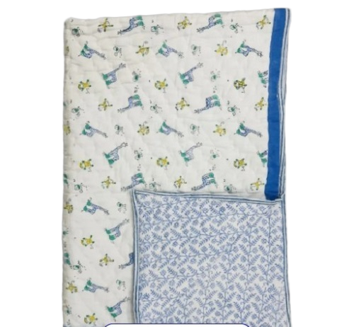 Cotton Hand Block Printed Baby Quilt - Size: Full