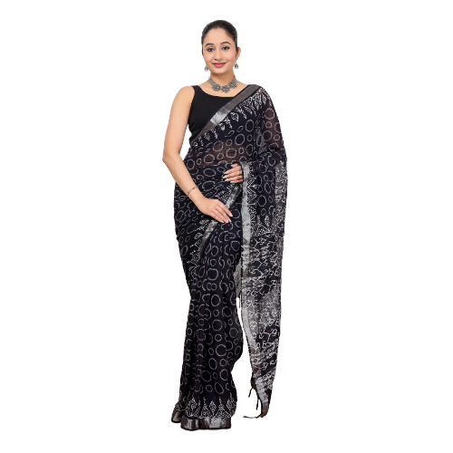 Handblock Printed Cotton Linen Saree - Color: Black