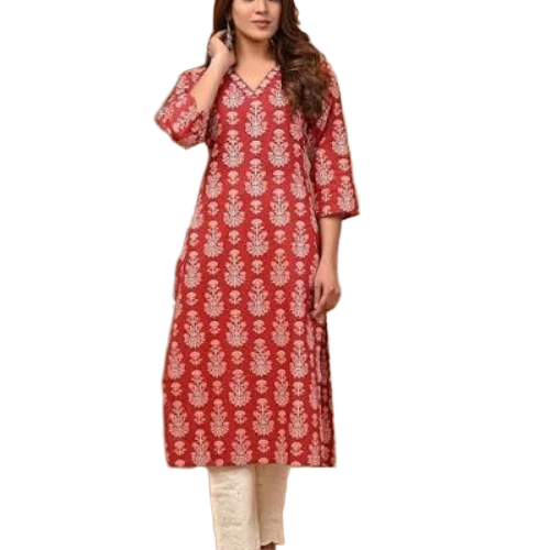 Cotton Kurti - Cotton, Plus Size, Red, Short Sleeve | Anti Wrinkle, Quick Dry, Printed, Stylish Fit