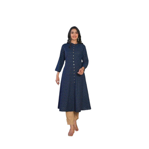 Ladies Cotton Kurti - Round Neck, 3-4th Sleeve, Blue | Breathable, Lightweight, Slip Resistant