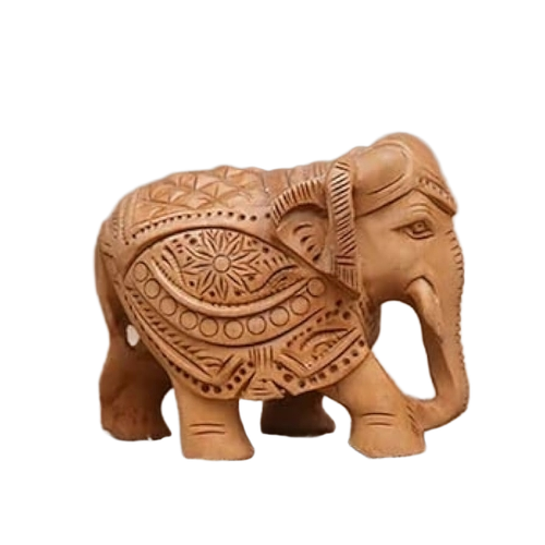 Hand Crafted Wooden Carved Elephant - Natural Wood Earthy Color | Traditional Design Smooth Polished Finish
