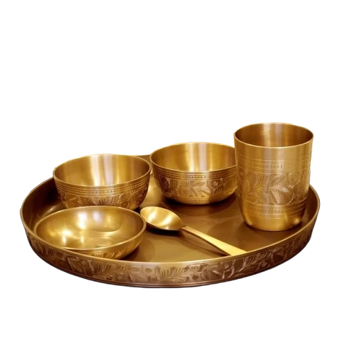 Traditional Indian Design Brass Dinner Set of 6 Pcs - Gold, Food-Safe, Scratch Resistant, Lightweight