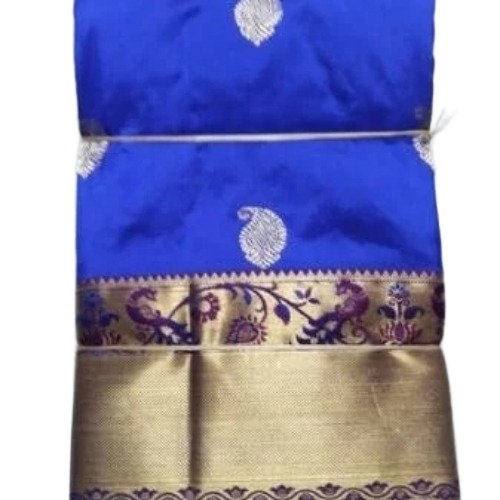 Designer Pure Mina Peacock Silk Saree - Silk, Blue, Knitted | Skin Friendly, Soft Texture