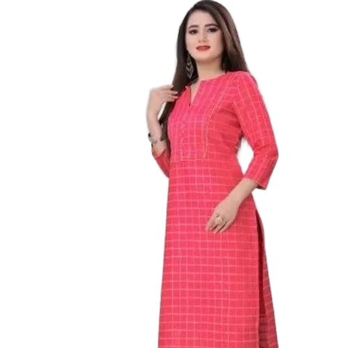Check Pattern 3/4 Sleeves Ladies Kurtis - Pink, Plus Size, Breathable Fabric | Anti Wrinkle, Quick Dry, Skin Friendly