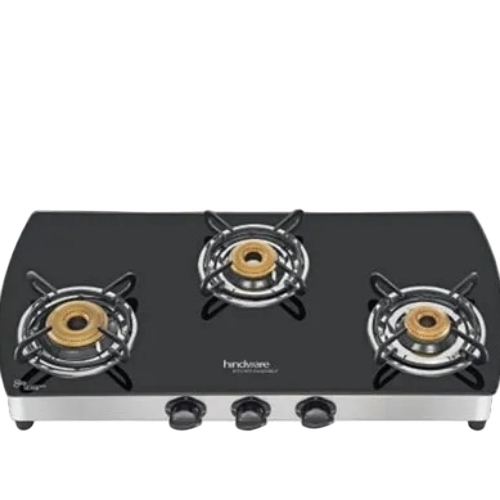 Primo Plus 3 Burner Glass Cooktop - Glass, Gas Ignition, 3 Brass Burners | Manual Ignition, Spill-Proof Design, Heavy-Duty Pan Supports
