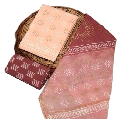 Cotton Suit With Kota Doria Dupatta - Silk Cotton Blend, Brown Pink | Sheer Texture, Zari Border, Handwoven Craftsmanship