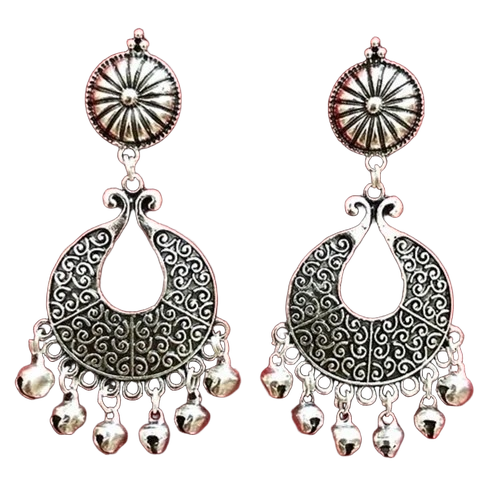 Oxidized Designer Earrings - Metal, Silver, Circular & Crescent Shape | Leaf Design, Lightweight, Adjustable Chain, Handmade Detailing