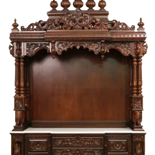 Wooden Temple - Wooden, Dark Brown | Intricate Wood Carving, Handcrafted Detailing, Decorative Pillars, Smooth Polished Finish, Compact Space Saving