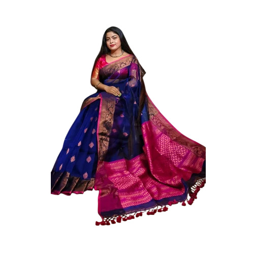 Ladies Blue Cotton Zari Border Saree - Gender: Women