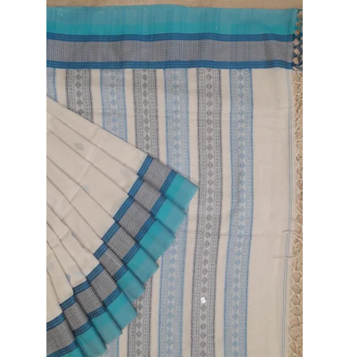 Ladies Khadi Saree - Color: Off White & Blue
