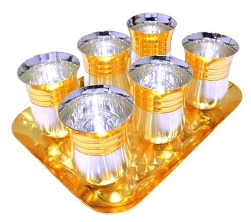 Ojas Gold Silver Plated Salad Tray 4 Pari Glass Set