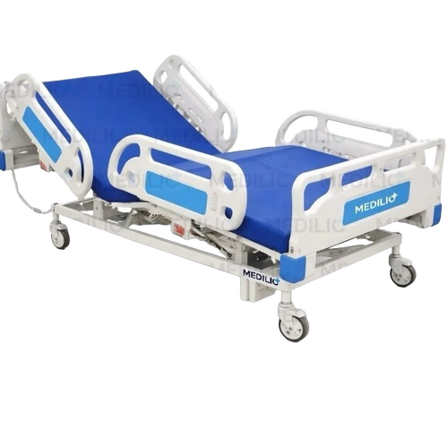 Electric Hospital Bed - Leather Metal Plastic Standard Size White & Blue Electric Adjustable Portable Four Wheels
