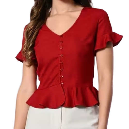 Ladies Top - Breathable Lightweight Material, Red Plain, Flexible Fit, Durable Stitching