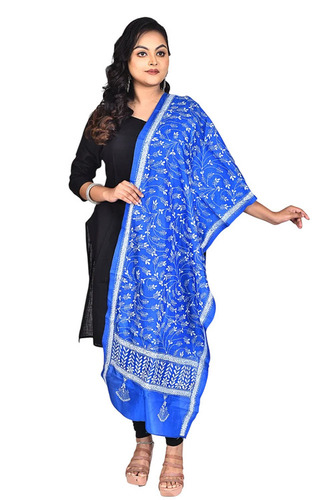 Blue Pure Silk Kantha Stitch Stole - Size: Free