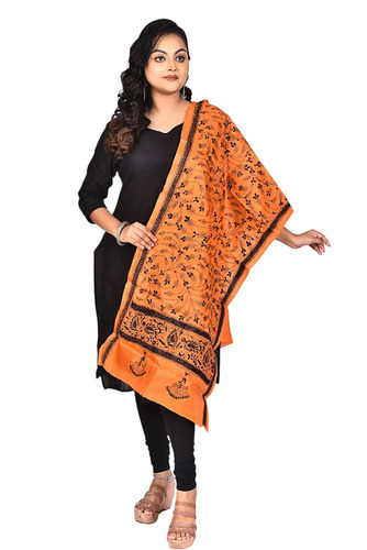 Orange & Black Pure Silk Kantha Stitch Stole - Size: Free