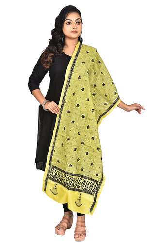 Yellow Pure Silk Kantha Stitch Stole - Size: Free